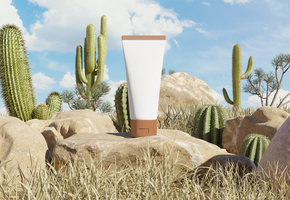 Foto Attrappe, Lehrmodell, Simulation von Schönheit kosmetisch Tube Produkt im das Wüste psd
