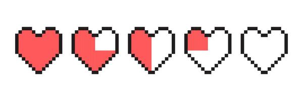 Pixel game life bar. Pixel art 8 bit health heart bar. Gaming controller, symbols set. vector