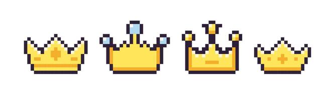 Pixel art 8 bit crown isolated set. Cartoon style illustration of golden crown pixel icons. Isolated on white. vector