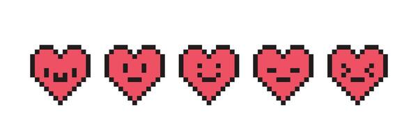 Pixel heart set with faces in retro style. Vintage love symbol, 8 bit illustration for computer game. Web button. vector