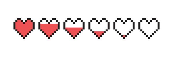 Pixel game life bar. Pixel art 8 bit health heart bar. Gaming controller, symbols set. vector