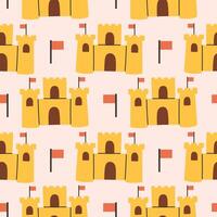 Summer sand castle pattern. Flat seamless pattern. Simple sand castle. Cartoon design. Flat illustration. vector