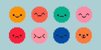 Pixel face set. Various pixel art faces, happy and sad. 8bit acid style pixelated face. vector