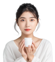 Young pretty woman holding cosmetic cream isolated on transparent background png