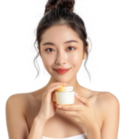 Jeune jolie femme en portant cosmétique crème isolé sur transparent Contexte png