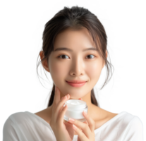 Young pretty woman holding cosmetic cream isolated on transparent background png