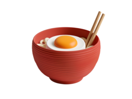 3d illustration of noodles with egg topping in a red bowl png