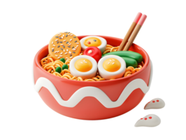 bowl of ramen with many toppings, 3d illustration png