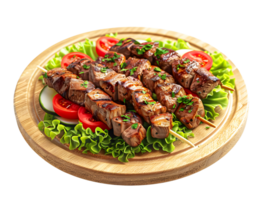 kebab meat with vegetables on a wooden coaster, 3d illustration png