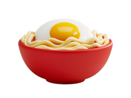 noodles with egg topping in red bowl, 3d illustration png