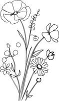 Birth Flower April Daisy and Sweet Pea Line Drawing, Flower sweet line Art Home decor Continuous Line Wall Art Black and White, Printed Floral Poster Botanical art vector