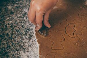 un mamá y su hijo contratar en el encantador tarea de preparando Navidad pan de jengibre foto