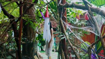 souriant femme à une costume fête entouré par de fête décorations. video