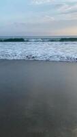 serenidad por el apuntalar Oceano olas y arenoso playa. encontrar tranquilidad con Oceano olas suavemente lapeado en un arenoso playa, un sereno escapar dentro naturaleza. video