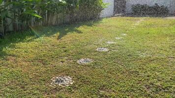 su un' soleggiato mattina, il asciutto cortile era illuminato di il sole, poi coperto con nuvole, e il terra era bagnato annaffiato, così come non per Esperienza siccità. video