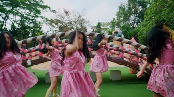 Group of joyful dancers in pink dresses performing in an outdoor setting with greenery in the background. video