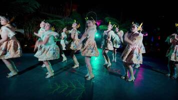 borroso imagen de bailarines en movimiento con vistoso Encendiendo a un noche actuación. video