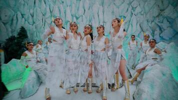 Group of people in whimsical winter costumes posing in a snowy, ice-themed setting. video