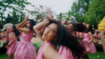 grupo de alegre mujer bailando en rosado vestidos a un al aire libre fiesta. video