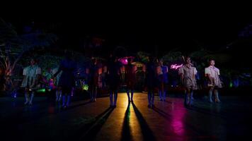 sagome di persone danza nel un' club con vivace neon luci e buio ambiente. video