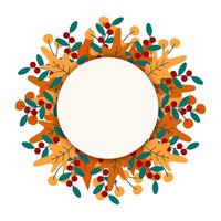 Abstract round frame of leaves and berry sprigs with copy space in trendy autumn shades Template vector