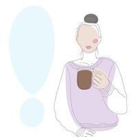 Outline drawn girl with mug of coffee in boho and minimalist style Copy space Promo design concept vector