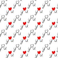 Love you Handwriting lettering concept with outline and red heart shape Minimalist Seamless pattern vector