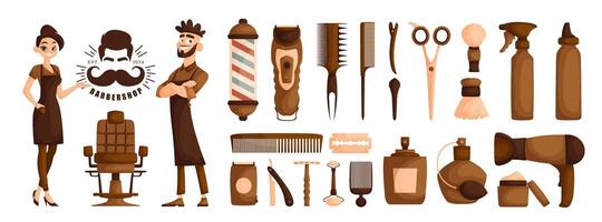 Set of elements on the theme of a hairdressing salon. A guy and a girl are barbershop workers. Haircut machine, combs, scissors, hair dryer, razor, perfume, barbershop supplies, cartoon. vector