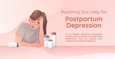 brochure with information about Support for Postpartum Depression. Banner Template Design for New Tired Mothers. vector