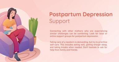 brochure with information about Support for Postpartum Depression. Banner Template Design for New Tired Mothers. vector