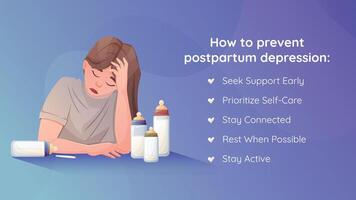 How to prevent postpartum depression, cartoon horizontal information banner. Infographic design for young mothers, tired women. vector