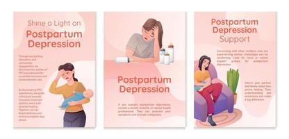 Set of three brochures with information about Support for Postpartum Depression. Banner Template Design for New Tired Mothers. vector