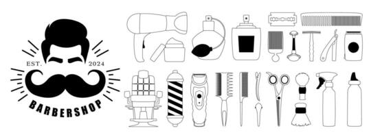 Set of black line icons of elements for hairdressing salon. Hair clipper, combs, scissors, hair dryer, razor, perfume, barbershop supplies, line art style vector