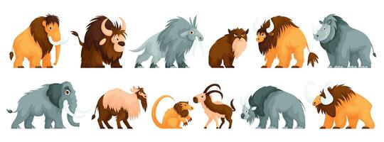 Set of isolated primitive animals, antediluvian beasts of the Stone Age. Elephant, mammoth, buffalo, bull, bison, saber tooth, wild cat, ram and goat in the form of the period BC. cartoon vector