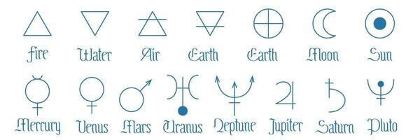 Set of minimalistic symbols of astrology planets, elements and astronomy. Outline icons isolated on white background. Simple alchemical icons, pictograms, planet symbols. Mystical planetary signs vector