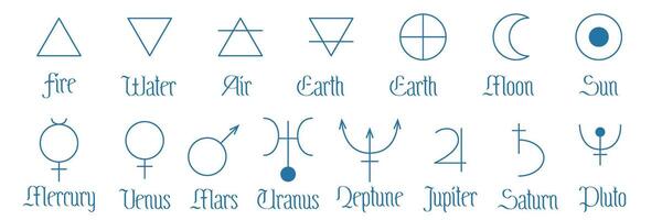 Set of minimalistic symbols of astrology planets, elements and astronomy. Outline icons isolated on white background. Simple alchemical icons, pictograms, planet symbols. Mystical planetary signs vector