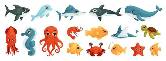 A Set of Sea Animals Stickers. Underwater life. Cute whale, squid, octopus, stingray, jellyfish, fish, crab, seahorse. Fish and wild sea animals isolated on white background. Cartoon vector