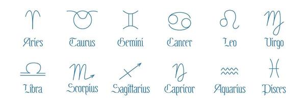Set of minimalistic symbols of astrological symbols of zodiac signs and their names. Outline icons isolated on white background. Simple alchemical icons, pictograms, planet symbols. Mystical planetary vector