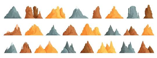 set of isolated snowy mountains, mountain peak, hilltop, iceberg, natural landscape. Landscape camping and hiking. Outdoor travel, adventure, tourism, mountaineering design elements vector