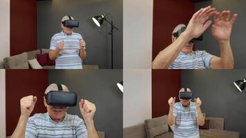 Senior grandfather man in virtual headset glasses watching amazing 3D in 360 vr helmet at home video