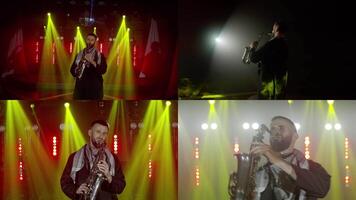En Vivo actuación de saxofonista hombre con saxofón, bailando en concierto músico etapa con luces video