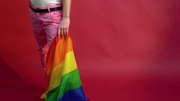 joven activista sonriente contento gay hombre sostener arco iris bandera aislado en rojo antecedentes estudio. personas lgbt estilo de vida concepto video