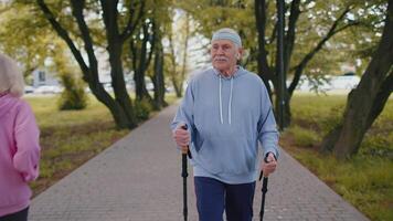 Senior healthy retired man grandfather training Nordic walking use ski trekking poles in summer park video