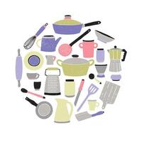 Colored kitchenware set on white background. Round composition with stylized hand drawn doodle utensil illustration. vector