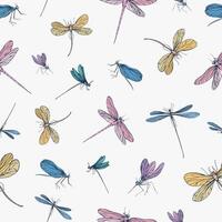 Seamless pattern with colorful hand drawn dragonflies on white background. Backdrop with elegant flying insects. illustration in vintage style for wallpaper, textile print, wrapping paper. vector