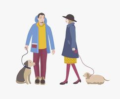 mujer vestido en elegante ropa de calle y hombre participación su perros en Correa reunirse cada otro en caminar. par de mascota dueños plano dibujos animados caracteres aislado en blanco antecedentes. vistoso ilustración vector