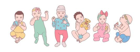 Bundle of cute newborn babies or small children dressed in various clothes and holding toys and rattles. Set of toddlers in different poses drawn in line art style. Colorful illustration. vector