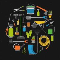 Bundle of hand drawn gardening tools arranged into circle. Collection of various colorful agricultural equipment for work in garden isolated on black background. Bright colored illustration. vector