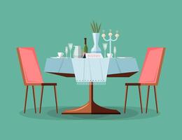 Reserved modern restaurant table with tablecloth, candles in candlestick, plant, wineglasses, reservation tabletop sign standing on it and two chairs. Bright colored cartoon illustration. vector