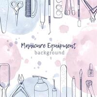 Square banner with different manicure tools drawn with contour lines and pastel colored watercolor paint blots. Background with equipment for nail art at top and bottom edges. illustration. vector